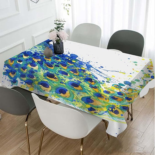 TKS MITLAN Blue Peacock Tablecloth Decor Animal Feathers Watercolor Exotic Table Cloth Dining Room Kitchen Table Cover 60" X 84" Oblong/Rectangle
