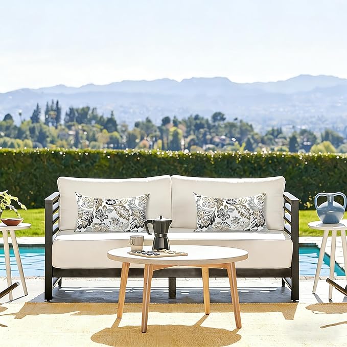 LVTXIII Set of 2 Patio Lumbar Pillows, 12" x 20" Fade Resistant Outdoor Lumbar Pillow with Inners, Fluffy Decorative Garden Lumbar Cushions for Home Patio Coach Sofa Use, Dailey Tan