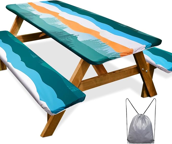 Picnic Table Cover Bench Covers Camping Essentials Tablecloth | Waterproof Vinyl for Outdoor, Windproof Elastic Fitted Edges, RV BBQ Accessories Must Haves, Storage Bag Included