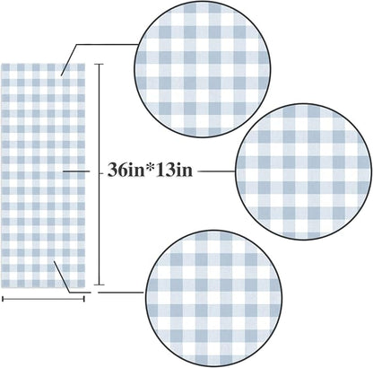 Dusty Blue Gingham Table Runner Light Blue Checkered Boy Girl Baby Shower Birthday Party Decoration Home Dining Kitchen Island Decor (13" x 36")