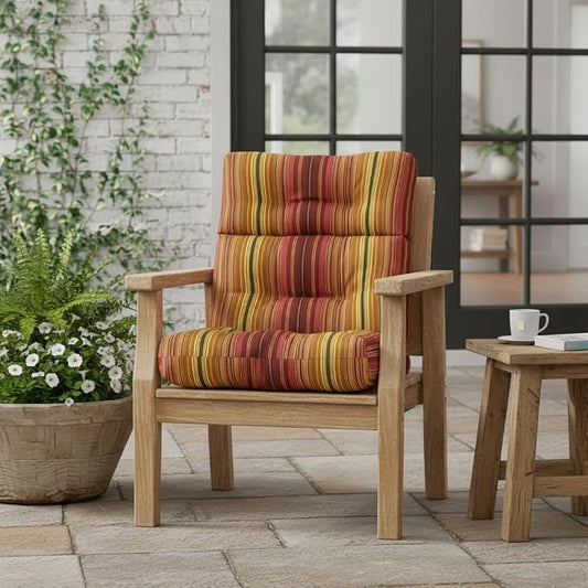 Outdoor Tufted High-Back Chair Cushions, One-Piece Hinged Seat and Back Design, Reversible with 4 Ties, Durable Polyester Fabric, Recycled Fiber Fill - Single, Kinnabari Stripe