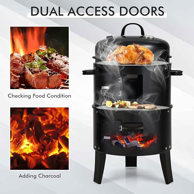 Giantex 3-in-1 Outdoor Smoker Grill, Portable Charcoal BBQ Grill, Built-in Thermometer and Air Vent, 6 Hooks, 2 Layers Vertical Steel Charcoal Smoker for Outdoor Cooking Camping
