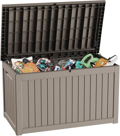 Pepe Tee Waterproof Resin Deck Box, Outdoor Storage Bin for Patio Furniture Cushions, All-Weather Garden Organizer & Seating Bench, Coffee