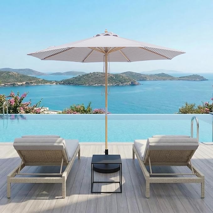 9FT/10FT Wood Patio Umbrella, Large Outdoor Table Pool Umbrella | 205G Olefin/180G Polyester Fabric, Push-Pull Operation Market Umbrella, 8 Rib Vented Canopy, Ideal for Patio, Backyard