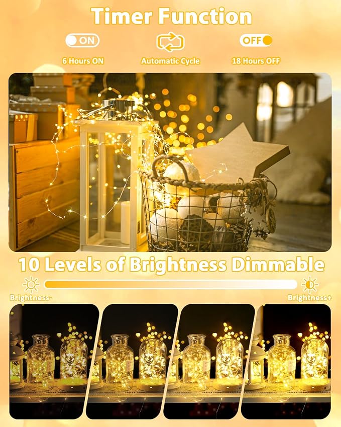 4 Pack 100 LED Fairy Lights Battery Operated with Remote, 33 FT Warm White | Cuttable, 8 Modes, Memory, Dimmable, Waterproof Battery String Lights with Timer for Indoor Outdoor, Christmas Decorations