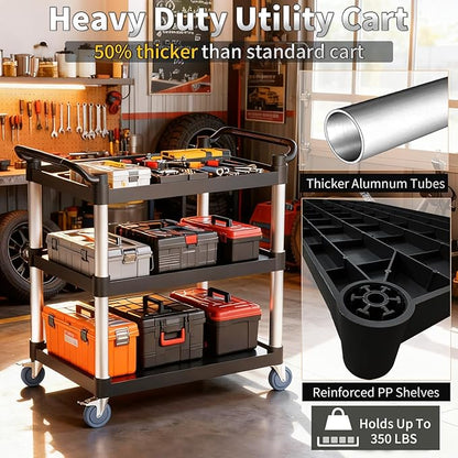 Utility Cart with Tangle-Free Wheels, 3 Tier Rolling Cart, Restaurant Cart | 2 with Brakes, Heavy Duty 350 Lbs Capacity,Commercial Serving Cart for Home, Office, Restaurant, Warehouse.