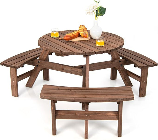 Tangkula 6 Person Wood Picnic Table, Outdoor Round Picnic Table with 3 Built-in Benches, Umbrella Hole, Outside Table and Bench Set for Garden, Backyard, Porch, Patio, 500lbs Capacity Per Bench