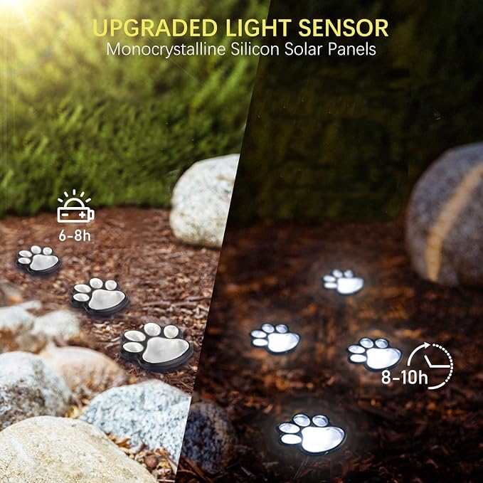 16.8ft Paw Print Solar Lights - Dog Cats Animal Solar String Lights (Set of 8) Outdoor Waterproof, Cat Puppy Animal Décor Walkway Lighting, Gifts for Pet Lovers (Cold White)