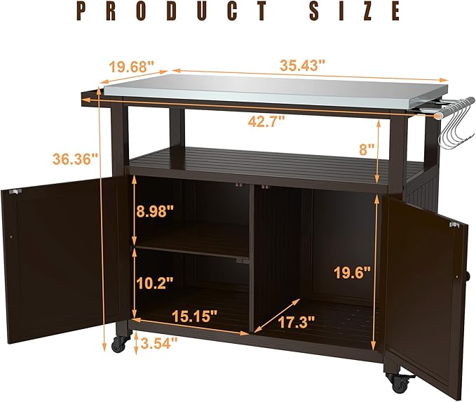 GDLF Outdoor Storage Cabinet Solid Wood Prep Grill Table with Stainless Steel Top Waterproof Cover Dark Brown