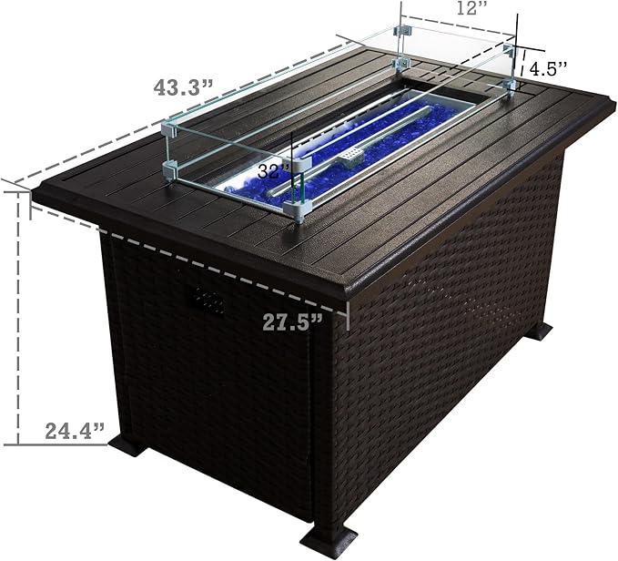 Kozyard Outdoor Patio Propane Gas Fire Pit Table - 50,000 BTU Wicker Design with Aluminum Tabletop, Glass Wind Guard, Clear Glass Rocks Slide Out Tank Holder - Ideal Patio Fire Table (Brown)