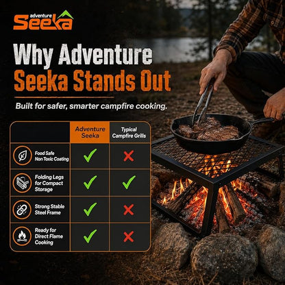 Adventure Seeka Folding Campfire Grill – Portable Over-Fire Grill with Food-Safe Coating, Heavy Duty Steel, Compact with Folding Legs - Camping, RV, Overlanding, Fire Pits