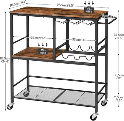 HOOBRO Bar Cart for The Home, 29.5 inches 3-Tier Serving Cart with Wheels, Rolling Kitchen Cart with Wine Rack and Glass Holder for Living Room, Party, Bar, Rustic Brown and Black BF21TC01G1