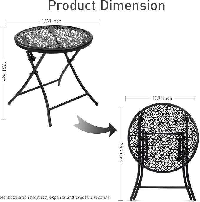 TeoKJ Folding Small Outdoor Side Table, No Assembly Patio Metal Desk, Black | Metal Round Anti Rust Patio Table, Small Nightstand with Flower Cutouts, for Porch Yard, Balcony, Lawn, Pool, Lightweight