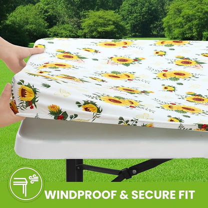 Smiry Spandex Fitted Tablecloth for 6 Foot Rectangle Tables, Washable Picnic Table Cover with Elastic, Stretch Reusable Table Cloth for Outdoor, Camping, Dining & Kitchen (Sunflower, 30"x72")