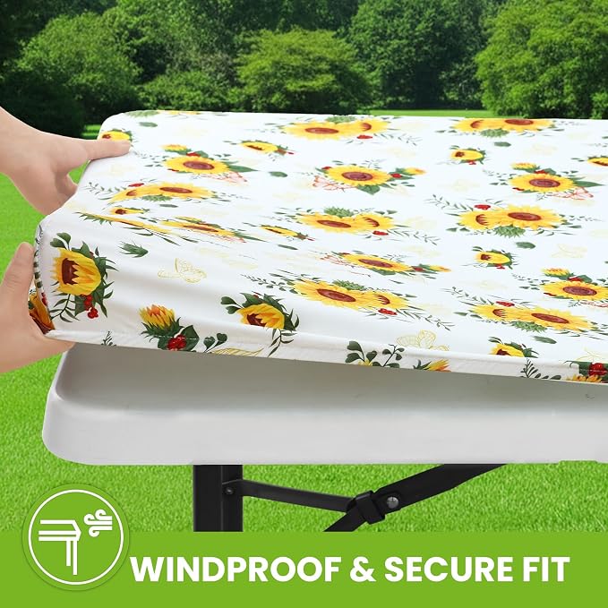 Smiry Spandex Fitted Tablecloth for 4 Foot Rectangle Tables, Washable Picnic Table Cover with Elastic, Stretch Reusable Table Cloth for Outdoor, Camping, Dining & Kitchen (Sunflower, 30"x48")