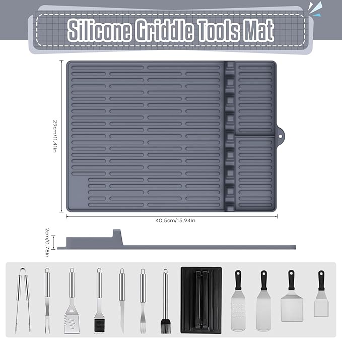 Silicone Griddle Mat for Blackstone Griddle Accessories,Large Silicone Spatula Blackstone Grill Mat with Drip Pad Grill Mats for Outdoor Grill Side Shelf Griddle BBQ Tools (1PC, Grey)