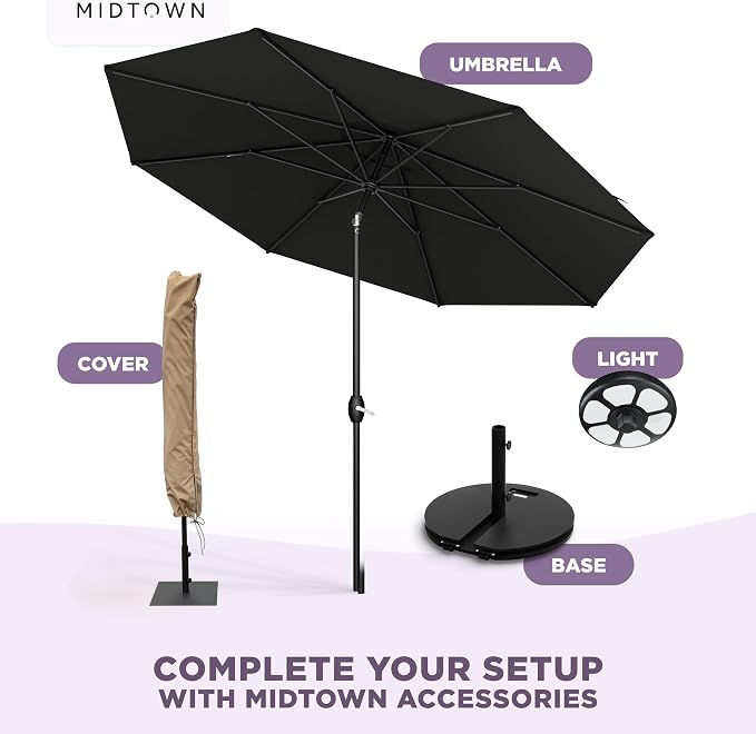 Midtown Umbrellas – The Lean 10 Ft Patio Umbrella with 10-Year-No-Fade Acrylast Acrylic Fabric, Auto-Tilt and 8 Reinforced Ribs for Deck, Pool, Garden, Hotel & Cafes – Eclipse Canopy, Black Pole