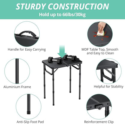 VINTEAM Camping Folding Table with Adjustable Height, Lightweight Portable Outdoor Picnic Table, BBQ Grill Side Table, Durable Aluminum Frame, MDF Desktop for Camping, Fishing, RV, Beach (Black) | Max Load 30kg MDF Surface Easy to Clean, Lightweight, S...