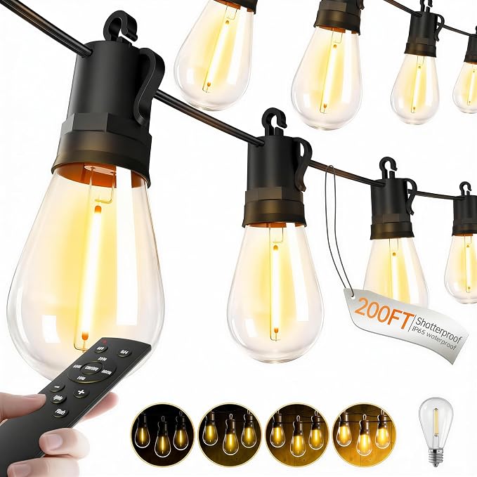Outdoor String Lights Patio LED - Light Outside Waterproof S14 Porch Lighting Edison Plastic Bulb Pergola Hanging Balcony Connectable Backyard Yard Gazebo Party Garden Bistro 60M 200FT