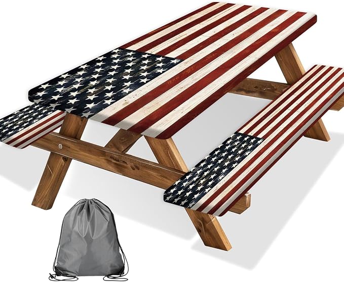 JAWO Fitted Picnic Table and Bench Cover, Vintage American Flag Pledge of Allegiance Print Waterproof Elastic Picnic Tablecloth for Outdoor Patio Camping Backyard Park, 30X72inch