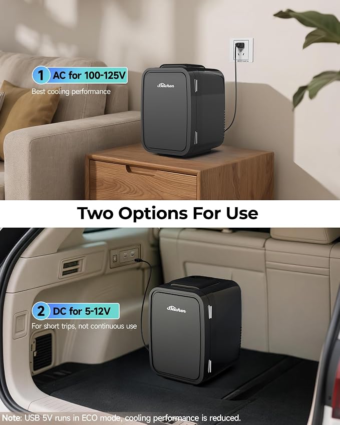 BEICHEN Mini Fridge 4 Liter/6 Can Portable Compact Refrigerator | for Bedroom Office Dorm Car, Fast Cooling, Low Noise, 100-125V AC/5-12V USB, for Skincare, Food, Drinks(Black)