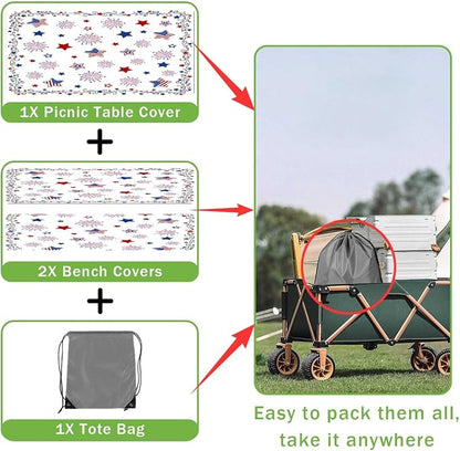 JAWO 4th of July Patriotic Star American Flag Picnic Table Cover with Bench Covers, Camper RV Essentials Gear Supplies Outdoor Waterproof Windproof Tablecloth with Elastic, 30X96in