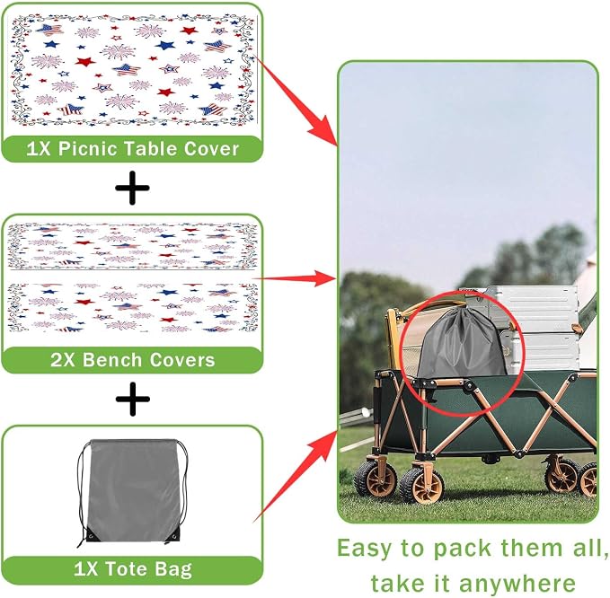 JAWO 4th of July Patriotic Star American Flag Picnic Table Cover with Bench Covers, Camper RV Essentials Gear Supplies Outdoor Waterproof Windproof Tablecloth with Elastic, 30X60in