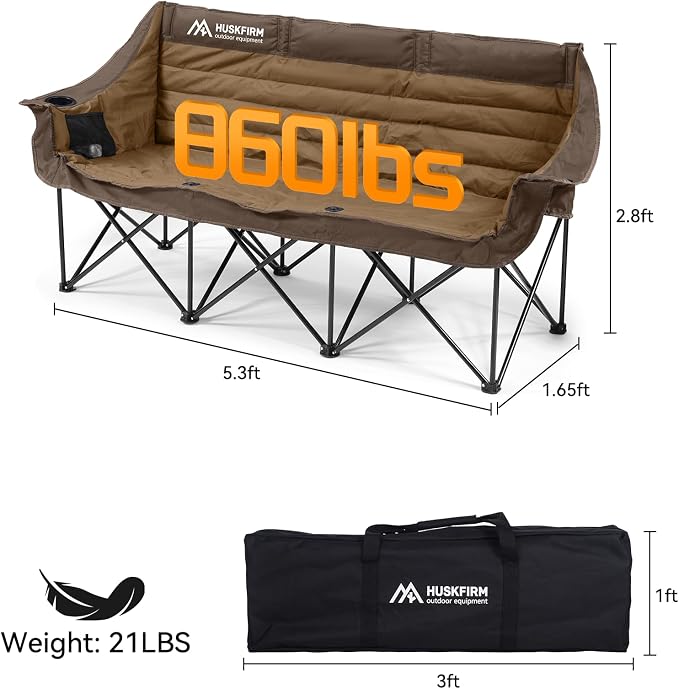 Huskfirm 3 Person Camping Chairs Folding Double Camp Chair for Adults Brown | Oversized Loveseat Camping Chair Padded Heavy Duty Camping Couch for Outdoor Lawn with Two Cup Holders and Carry Bag