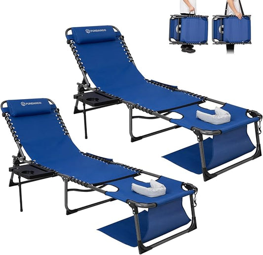 FUNDANGO 4 in 1 Tanning Chair with Face Hole, Beach Lounge Chair with Canopy Shade & Side Table Chaise Lounge Chairs for Patio, Pool, Lawn, Sunbathing, 5-Position Adjustable Sun Lounger, Set of 2 Blue