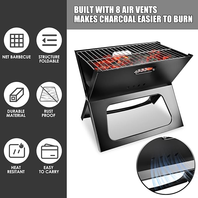 TeqHome Camping Campfire Grill, 17 Inch Portable Folding Charcoal Grills, Heavy Duty Fire Pit for Backpacking, Picnic, Bonfire, Patio, Backyard & Outdoor Cooking