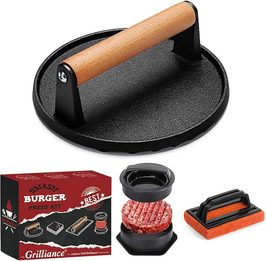 Grilliance Smash Burger Press Kit, 3 in 1 Hamburger Press Patty Maker, Dark Black Cast Iron Burger Press, Cleaning Pad Set for Grill, Griddle, Flat top, Kitchen, Cooking
