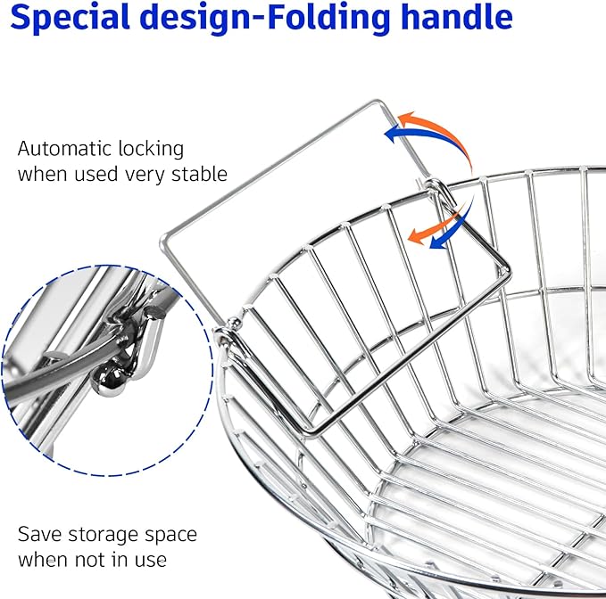 Charcoal Basket for Grill, Stainless Steel Ash Basket for Large Big Green Egg & Kamado Joe, Heavy Duty Firebox Accessories with Folding Handle