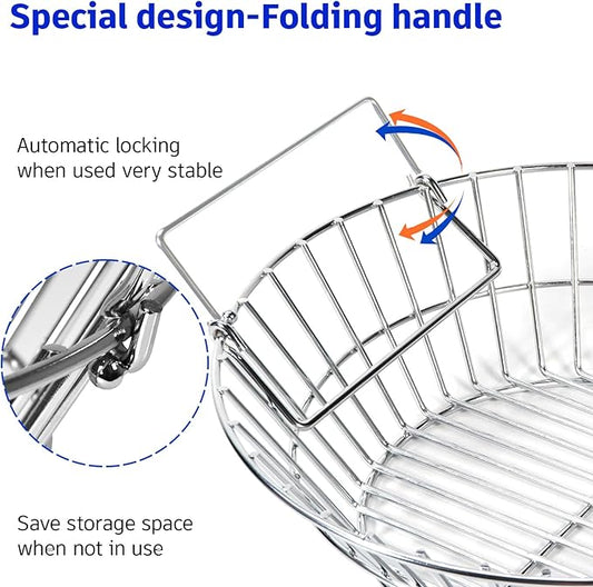 Charcoal Basket for Grill, Stainless Steel Ash Basket for Large Big Green Egg & Kamado Joe, Heavy Duty Firebox Accessories with Folding Handle