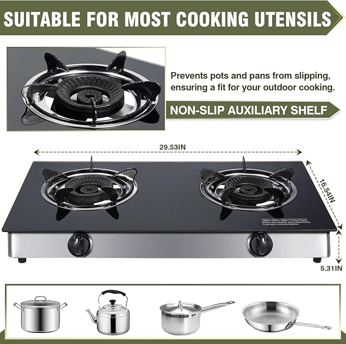 BESTFIRE 2-Burner Propane Gas Cooktop, 30,000 BTU Portable Tempered Glass Stove with Auto-Ignition, CSA Certified Regulator & Hose, Double Burner Stove for Camping, RV & Patio