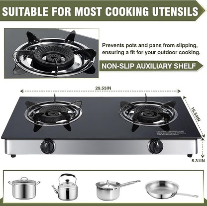 BESTFIRE 2-Burner Propane Gas Cooktop, 30,000 BTU Portable Tempered Glass Stove with Auto-Ignition, CSA Certified Regulator & Hose, Double Burner Stove for Camping, RV & Patio