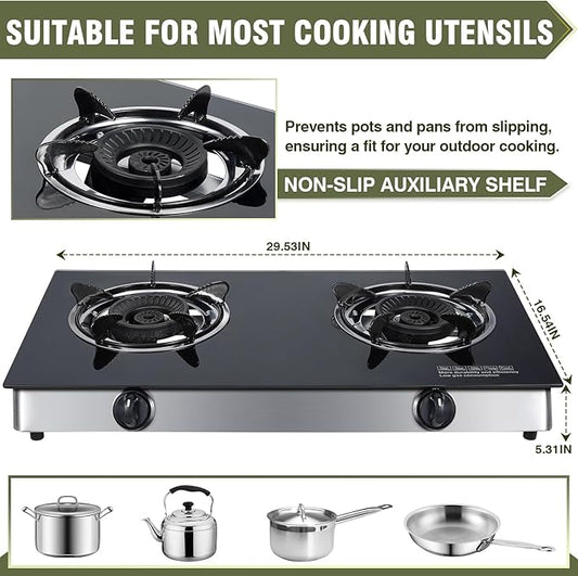 BESTFIRE 2-Burner Propane Gas Cooktop, 30,000 BTU Portable Tempered Glass Stove with Auto-Ignition, CSA Certified Regulator & Hose, Double Burner Stove for Camping, RV & Patio