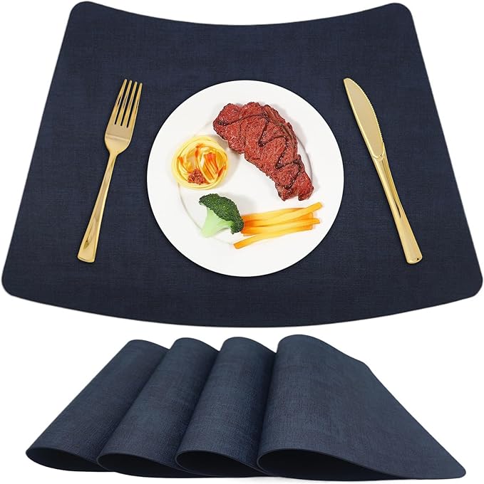 Round Table Placemats Set of 4, Faux Leather Wedge Shape Place Mats Heat Resistant Wipeable Washable Table Mats, Heavy Duty Kitchen Dining Mats(Dark blue)
