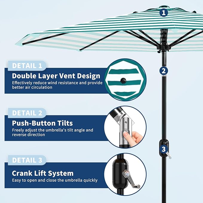 GarveeLife 9FT Patio Umbrella Outdoor, Table Umbrella with Push Button Tilt and Crank, 8 Sturdy Ribs UV Protection Waterproof for Garden, Pool, Market, Deck (Turquoise Blue & White Stripe)