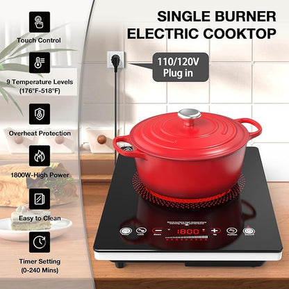 VBGK Single Burner Electric Cooktop,110V 1800W Electric Stove Top with LED Touch Control,Single electric burner 9 Power Levels, 4 hTimer, Safety Lock,Overheat protection