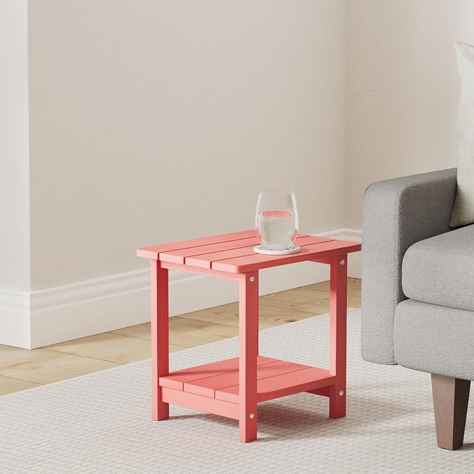 LUE BONA Outdoor Side Table, 2-Tier HDPS Small Patio Table, Bright Red | 2-Tier Shelf for Extra Storage, Small End Table for Pool, Porch, Balcony, Weather Resistant HDPS, Easy Clean