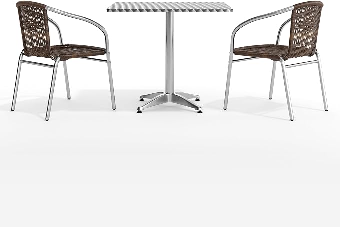 Flash Furniture Lila 31.5'' Square Aluminum Indoor-Outdoor Table Set with 2 Dark Brown Rattan Chairs | Aluminum Tabletop, Indoor/Outdoor