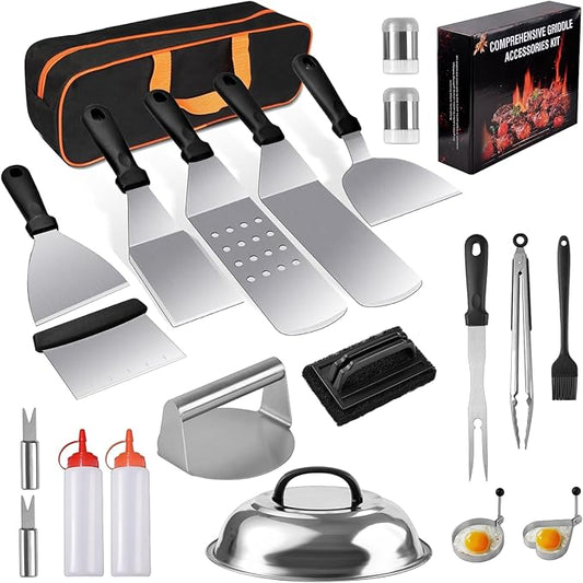 22PCS Griddle Accessories for Blackstone, Flat Top Grill Accessories for Camp Chef, Griddle Spatula Set with Metal Spatula, Enlarged Spatulas, Basting Cover, Scraper for Outdoor Barbecue