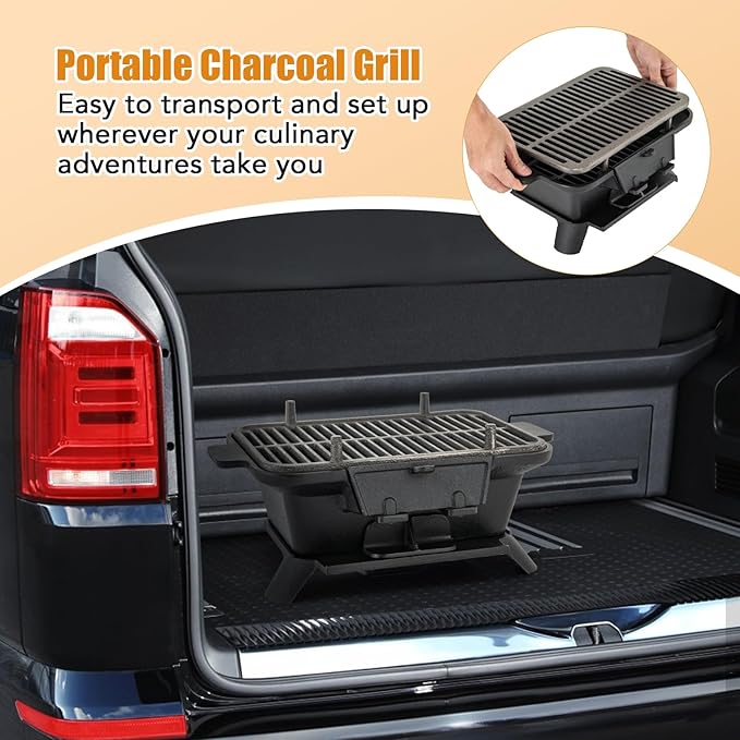 Cast Iron BBQ Grill, Portable Pre-Seasoned Charcoal Grill Stove with Double Sided Grill Grid, Air Control & Coal Door, Indoor Outdoor Hibachi-Charcoal Grill for Camping Picnic Party