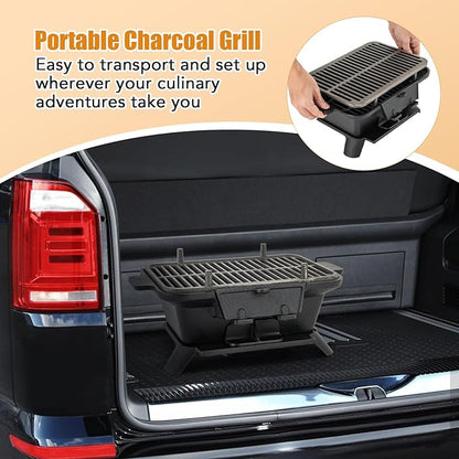 Cast Iron BBQ Grill, Portable Pre-Seasoned Charcoal Grill Stove with Double Sided Grill Grid, Air Control & Coal Door, Indoor Outdoor Hibachi-Charcoal Grill for Camping Picnic Party