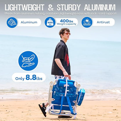 Old Bahama Bay Backpack Beach Chair, Aluminum Lightweight Reclining 5-Position Lounge Chair for Adults Heavy Duty Support 400 LBS Portable Folding with Cooler Bag Camping Chair for Sand Outdoor