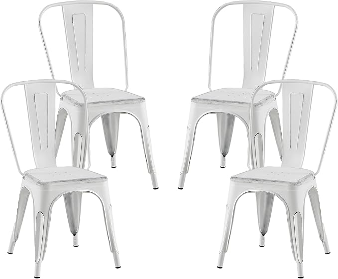 AC Pacific Stackable Metal Dining Chairs Set of 4 for Indoor and Outdoor Use, Durable Stacking Seat, Farmhouse Kitchen, Bar, Patio, Bistro, Cafe, Industrial Style, Sanded Matte White