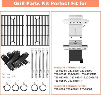 Grill Parts for Nexgrill 5 Burner 720-0888 720-0888N 720-0888A,4 Burner Nex-grill 720-0830H 720-0830 Cast Iron Grill Grate, Porcelain Steel Heat Plate, Burner Replacement Kit for Home Depot Nex grill
