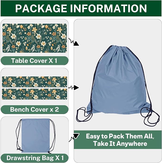 Picnic Table Cover with Bench Covers Elastic Edges, Floral Botanical Camper Fitted Table Cover, Outdoor Camping Essentials 72 Inch 3PCS, Waterproof Camping Fitted Tablecloth with Drawstring Bag