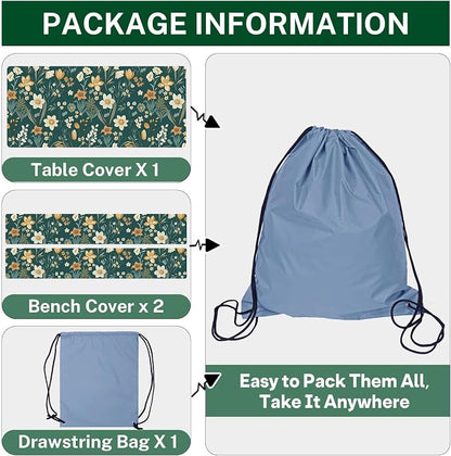 Picnic Table Cover with Bench Covers Elastic Edges, Floral Botanical Camper Fitted Table Cover, Outdoor Camping Essentials 72 Inch 3PCS, Waterproof Camping Fitted Tablecloth with Drawstring Bag