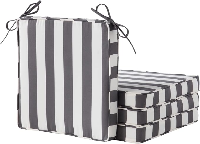 Outdoor 18 inch Square Patio Dining Chair Pads – Comfortable Fiber-Filled Seat Cushions with Ties, Reversible Polyester Fabric - Canopy Stripe Gray, Set of 4